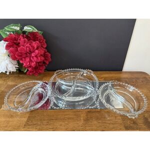 Vintage Cornflower Etched Divided Glass‎ Serving Tray Set W.J. Hughes Beaded